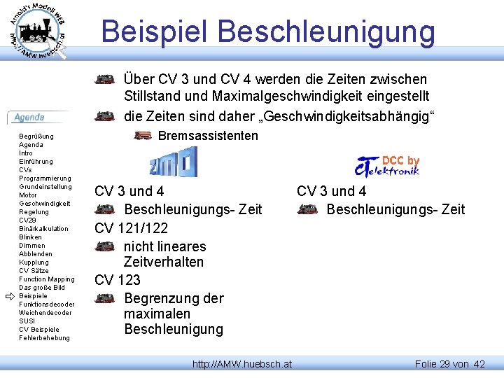 Beispiel Beschleunigung Über CV 3 und CV 4 werden die Zeiten zwischen Stillstand und