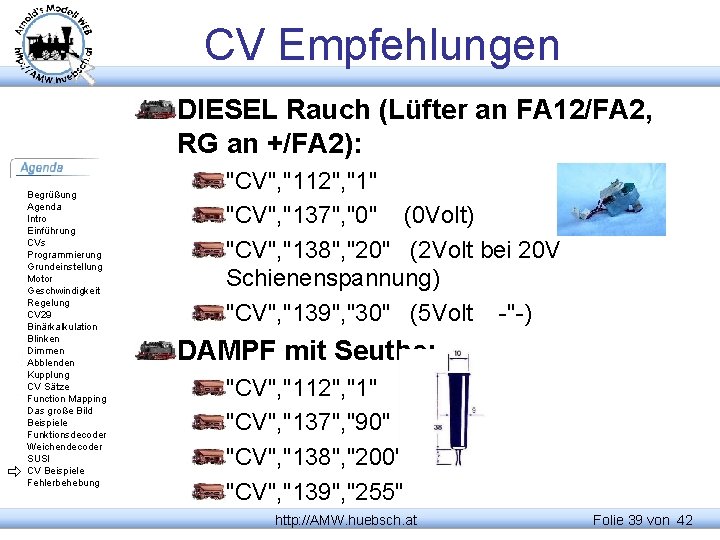 CV Empfehlungen DIESEL Rauch (Lüfter an FA 12/FA 2, RG an +/FA 2): Begrüßung