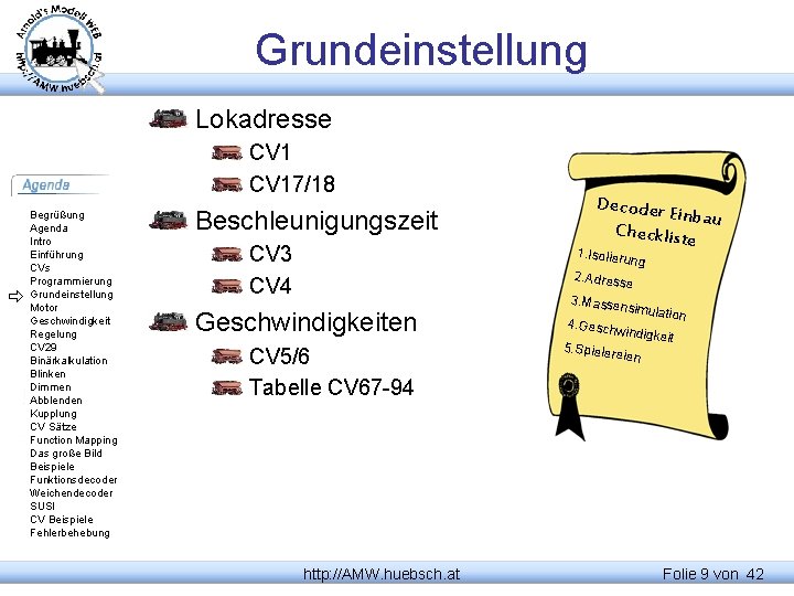 Grundeinstellung Lokadresse CV 17/18 Begrüßung Agenda Intro Einführung CVs Programmierung Grundeinstellung Motor Geschwindigkeit Regelung