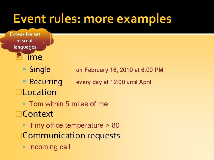 Event rules: more examples Extensible set of small languages �Time Single on February 16,