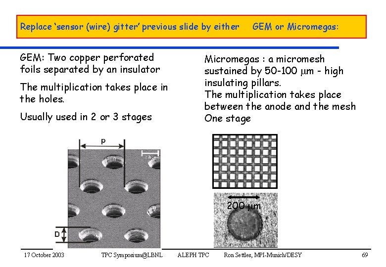 Replace ‘sensor (wire) gitter’ previous slide by either GEM: Two copper perforated foils separated