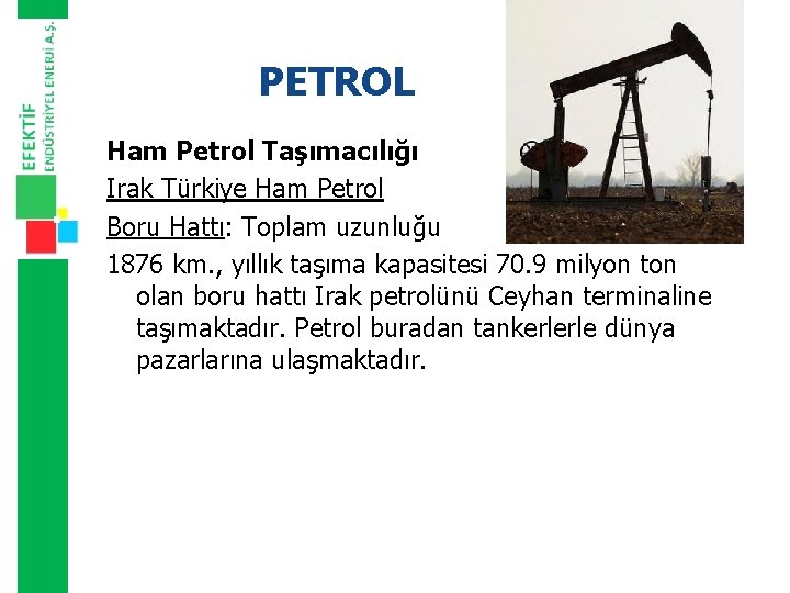 PETROL Ham Petrol Taşımacılığı Irak Türkiye Ham Petrol Boru Hattı: Toplam uzunluğu 1876 km.