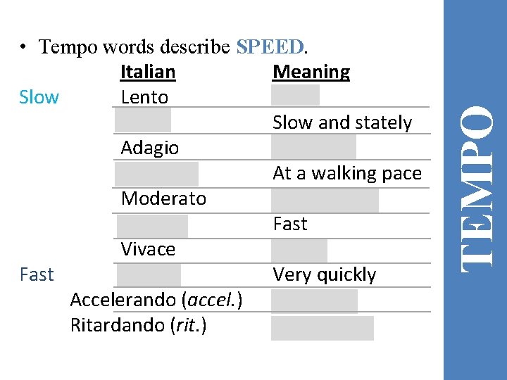 TEMPO • Tempo words describe SPEED. Italian Meaning Slow Lento Slow Largo Slow and