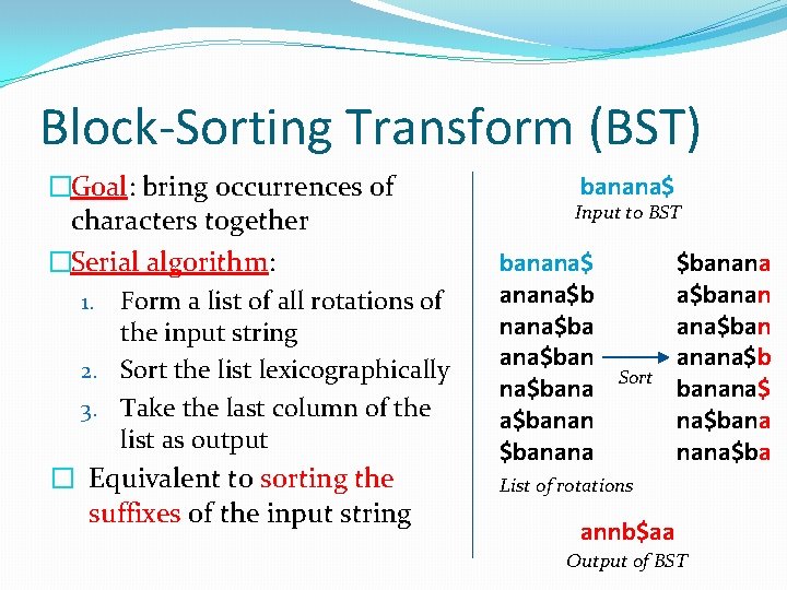 Block-Sorting Transform (BST) �Goal: bring occurrences of characters together �Serial algorithm: 1. Form a