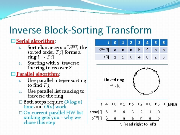 Inverse Block-Sorting Transform �Serial algorithm: 1. 2. Sort characters of the sorted order T[i]