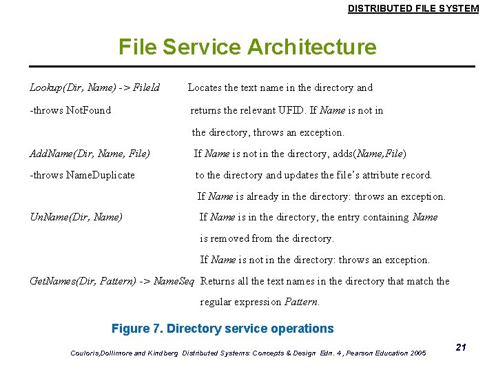 DISTRIBUTED FILE SYSTEM File Service Architecture Lookup(Dir, Name) -> File. Id Locates the text DISTRIBUTED FILE SYSTEM File Service Architecture Lookup(Dir, Name) -> File. Id Locates the text