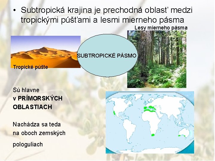  • Subtropická krajina je prechodná oblasť medzi tropickými púšťami a lesmi mierneho pásma