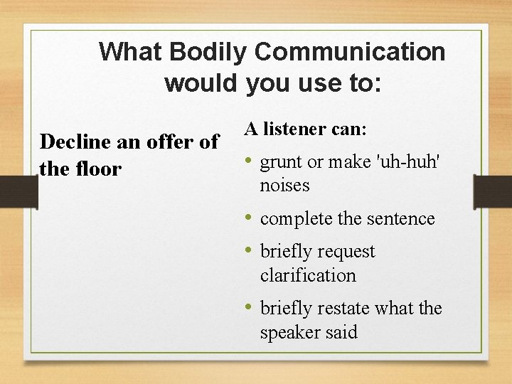 What Bodily Communication would you use to: Decline an offer of the floor A