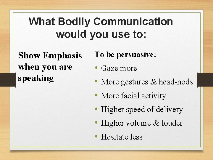 What Bodily Communication would you use to: Show Emphasis when you are speaking To