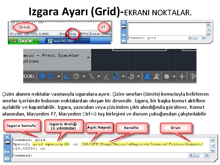 Izgara Ayarı (Grid)-EKRANI NOKTALAR. Çizim alanını noktalar vasıtasıyla ızgaralara ayırır. Çizim sınırları (Limits) komutuyla