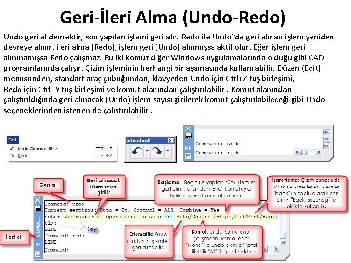 Geri-İleri Alma (Undo-Redo) Undo geri al demektir, son yapılan işlemi geri alır. Redo ile