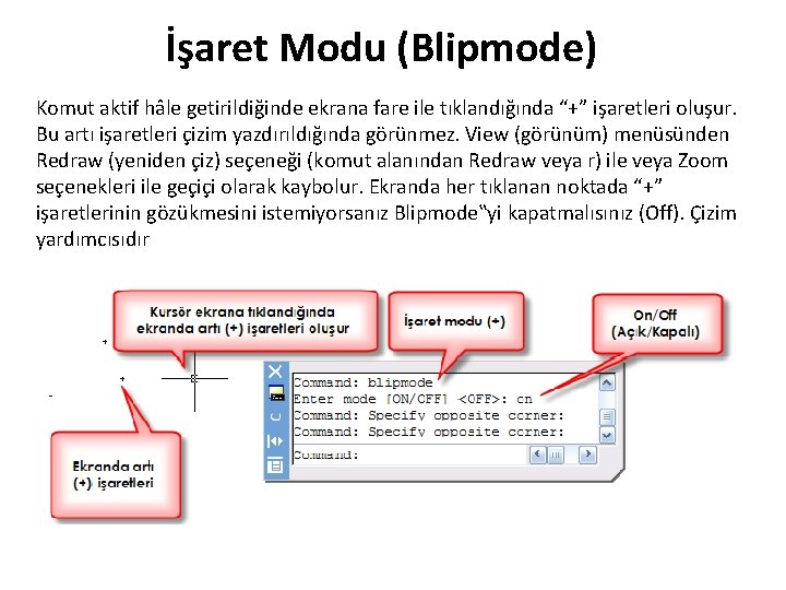 İşaret Modu (Blipmode) Komut aktif hâle getirildiğinde ekrana fare ile tıklandığında “+” işaretleri oluşur.