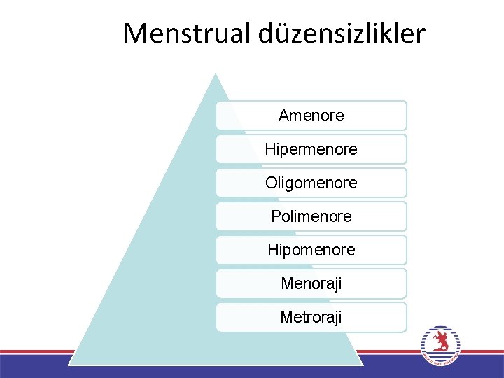 Menstrual düzensizlikler Amenore Hipermenore Oligomenore Polimenore Hipomenore Menoraji Metroraji 