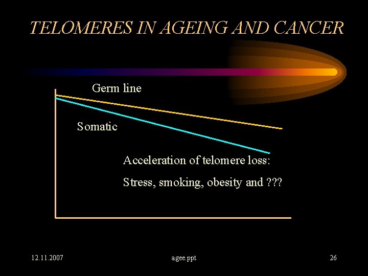 TELOMERES IN AGEING AND CANCER Germ line Somatic Acceleration of telomere loss: Stress, smoking,