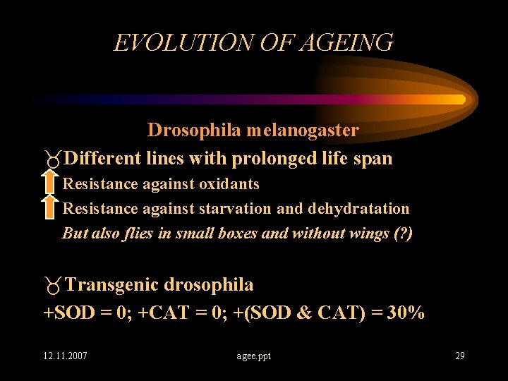 EVOLUTION OF AGEING Drosophila melanogaster _Different lines with prolonged life span Resistance against oxidants