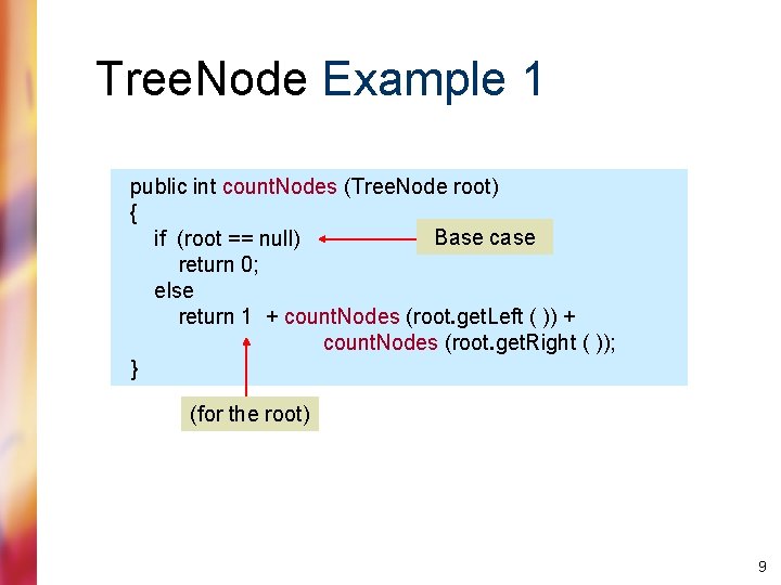 Tree. Node Example 1 public int count. Nodes (Tree. Node root) { Base case