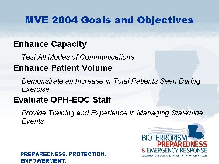 MVE 2004 Goals and Objectives Enhance Capacity Test All Modes of Communications Enhance Patient