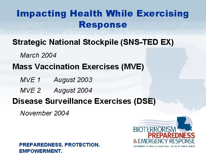 Impacting Health While Exercising Response Strategic National Stockpile (SNS-TED EX) March 2004 Mass Vaccination