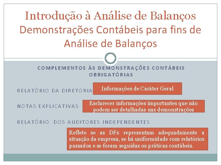 Introdução à Análise de Balanços Demonstrações Contábeis para fins de Análise de Balanços COMPLEMENTOS