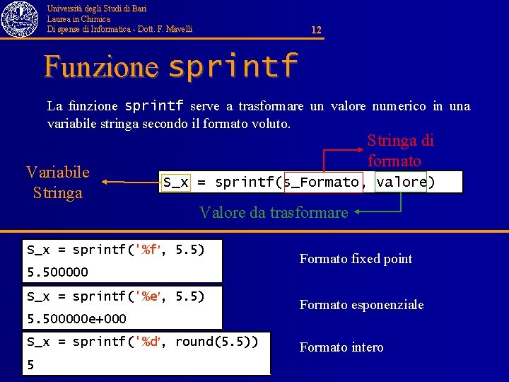 Università degli Studi di Bari Laurea in Chimica Di spense di Informatica - Dott.