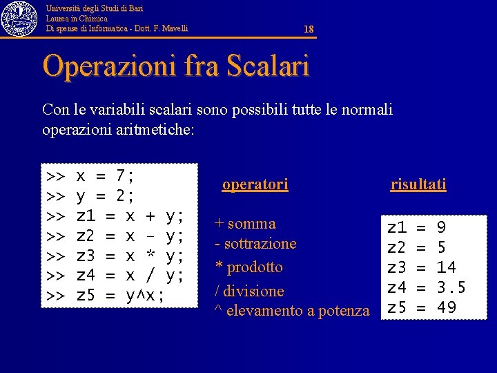 Università degli Studi di Bari Laurea in Chimica Di spense di Informatica - Dott.