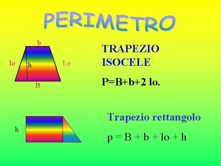 b lo l. o h B TRAPEZIO ISOCELE P=B+b+2 lo. Trapezio rettangolo h p