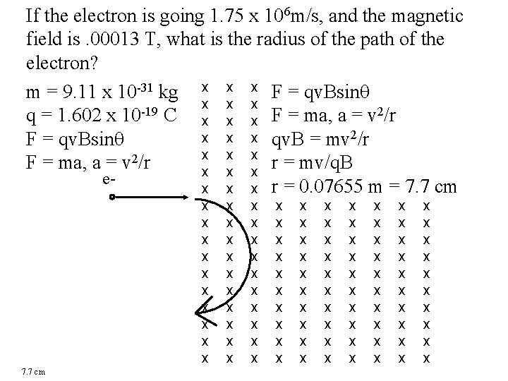 If the electron is going 1. 75 x 106 m/s, and the magnetic field