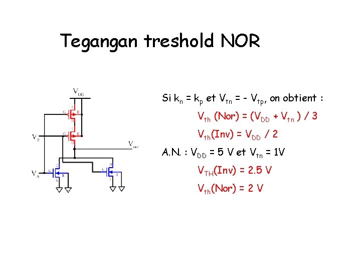 Tegangan treshold NOR Si kn = kp et Vtn = - Vtp, on obtient