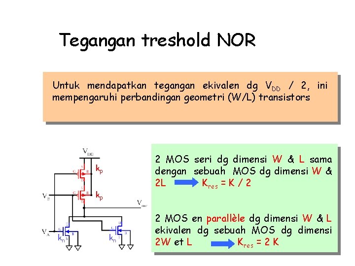 Tegangan treshold NOR Untuk mendapatkan tegangan ekivalen dg VDD / 2, ini mempengaruhi perbandingan