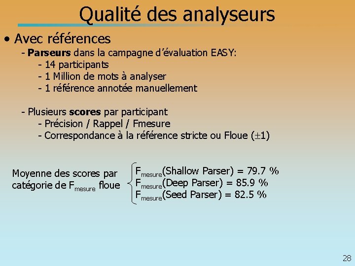 Qualité des analyseurs • Avec références - Parseurs dans la campagne d’évaluation EASY: -