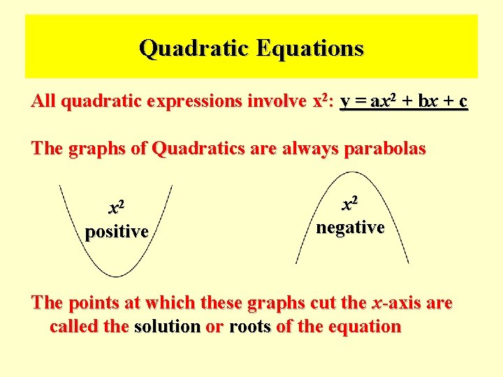 Quadratic Equations All quadratic expressions involve x 2: y = ax 2 + bx
