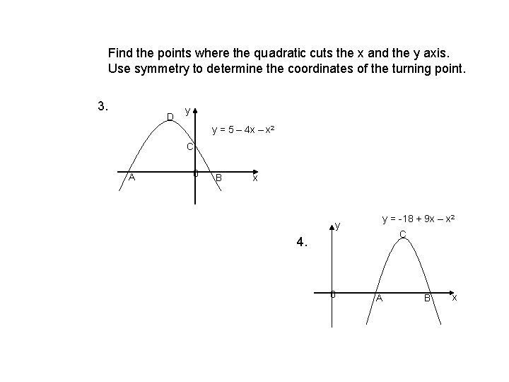 Find the points where the quadratic cuts the x and the y axis. Use