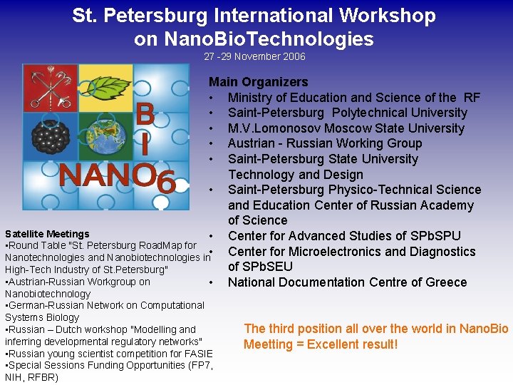 St. Petersburg International Workshop on Nano. Bio. Technologies 27 -29 November 2006 Main Organizers St. Petersburg International Workshop on Nano. Bio. Technologies 27 -29 November 2006 Main Organizers