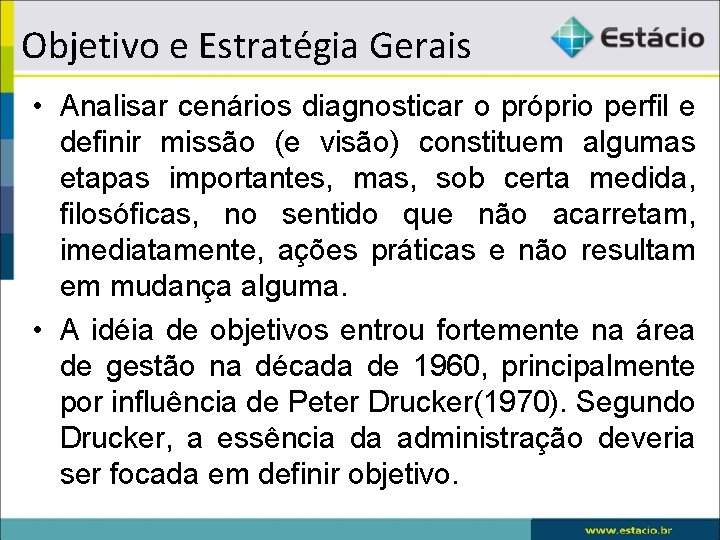 Objetivo e Estratégia Gerais • Analisar cenários diagnosticar o próprio perfil e definir missão