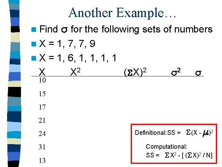 Another Example… n Find for the following sets of numbers n. X = 1,