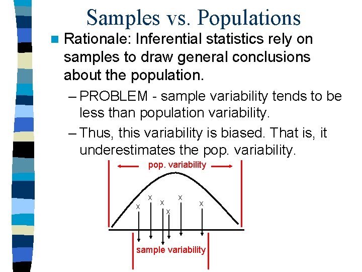 Samples vs. Populations n Rationale: Inferential statistics rely on samples to draw general conclusions