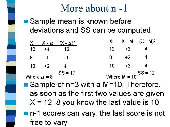 More about n -1 n Sample mean is known before deviations and SS can