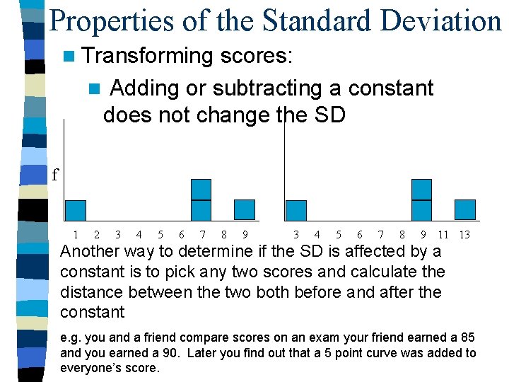 Properties of the Standard Deviation n Transforming scores: n Adding or subtracting a constant