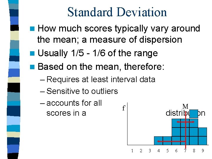 Standard Deviation n How much scores typically vary around the mean; a measure of