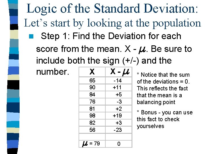 Logic of the Standard Deviation: Let’s start by looking at the population n Step