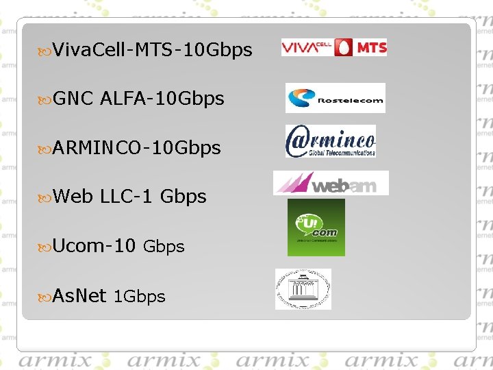  Viva. Cell-MTS-10 Gbps GNC ALFA-10 Gbps ARMINCO-10 Gbps Web LLC-1 Gbps Ucom-10 Gbps