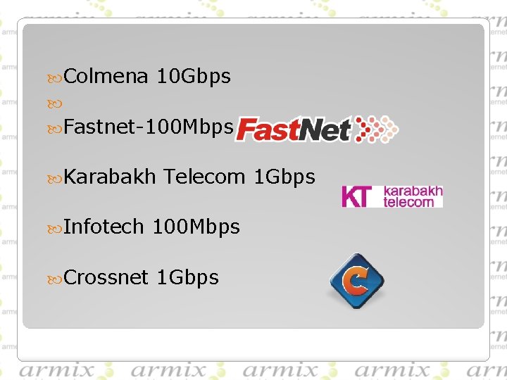  Colmena 10 Gbps Fastnet-100 Mbps Karabakh Infotech Crossnet Telecom 1 Gbps 100 Mbps