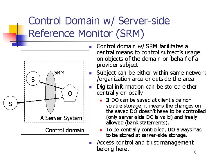Control Domain w/ Server-side Reference Monitor (SRM) n SRM n S n O Control