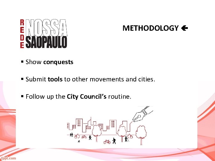 METHODOLOGY § Show conquests § Submit tools to other movements and cities. § Follow