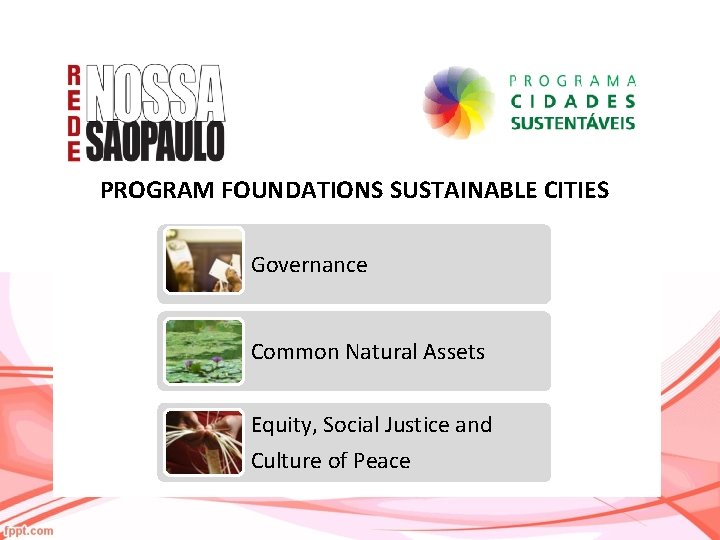 PROGRAM FOUNDATIONS SUSTAINABLE CITIES Governance Common Natural Assets Equity, Social Justice and Culture of