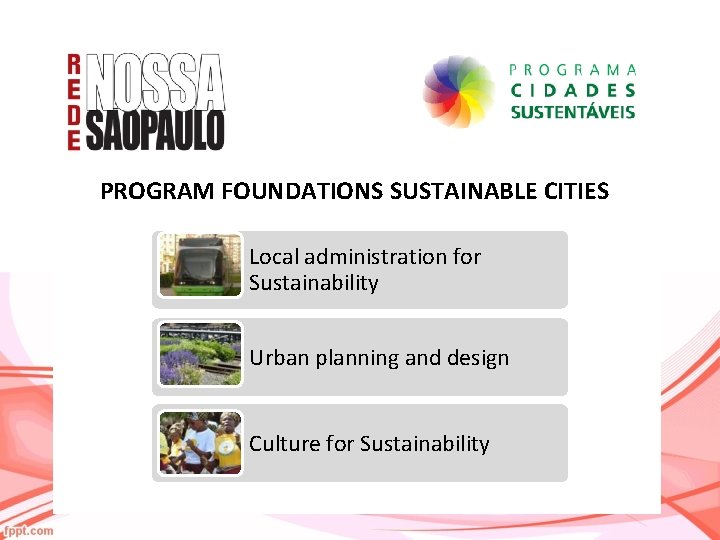 PROGRAM FOUNDATIONS SUSTAINABLE CITIES Local administration for Sustainability Urban planning and design Culture for