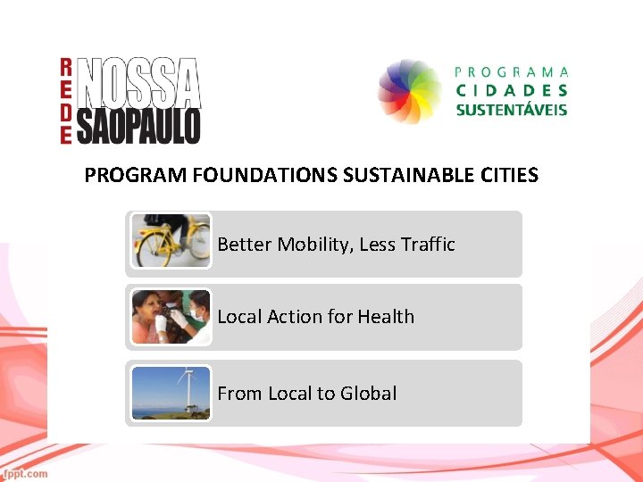 PROGRAM FOUNDATIONS SUSTAINABLE CITIES Better Mobility, Less Traffic Local Action for Health From Local