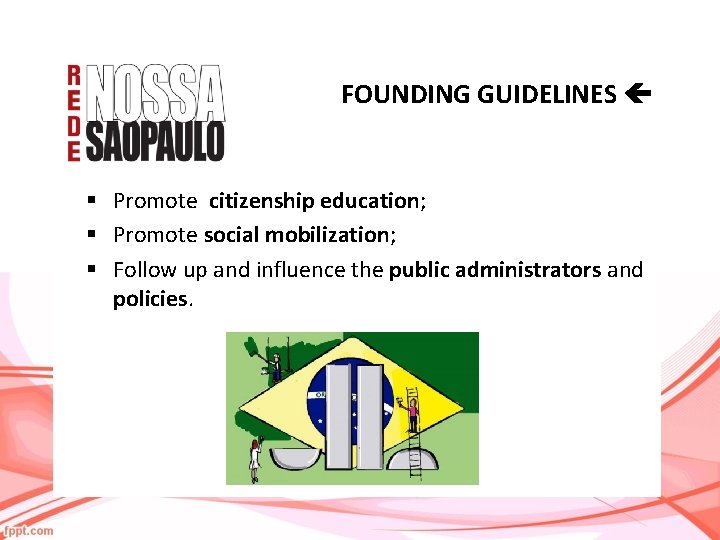 FOUNDING GUIDELINES § Promote citizenship education; § Promote social mobilization; § Follow up and