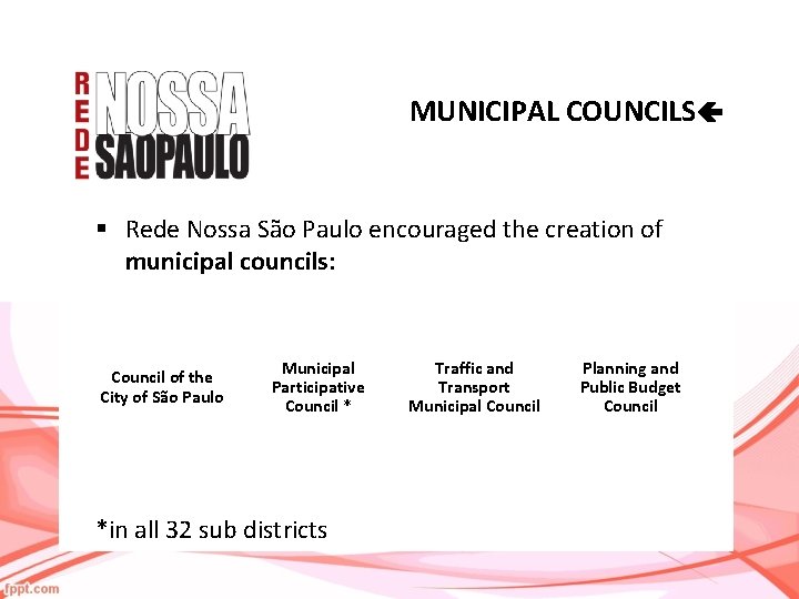 MUNICIPAL COUNCILS § Rede Nossa São Paulo encouraged the creation of municipal councils: Council