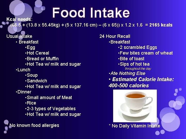 Food Intake Kcal needs: (66. 5 + (13. 8 x 55. 45 kg) +